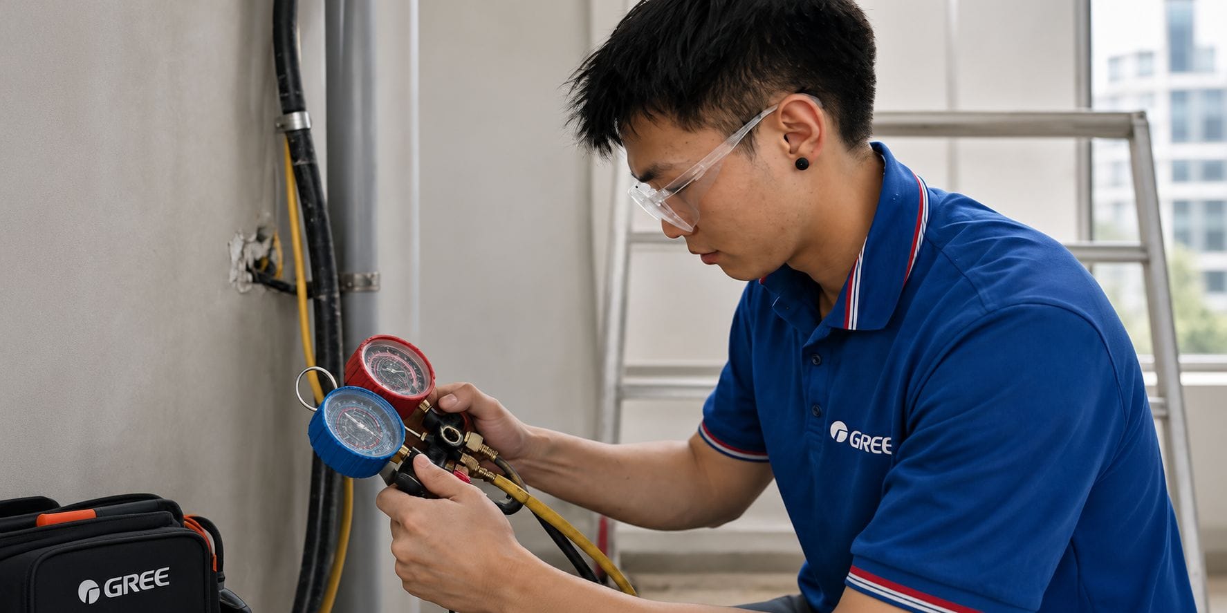 Gree Singapore technician troubleshooting an air conditioner